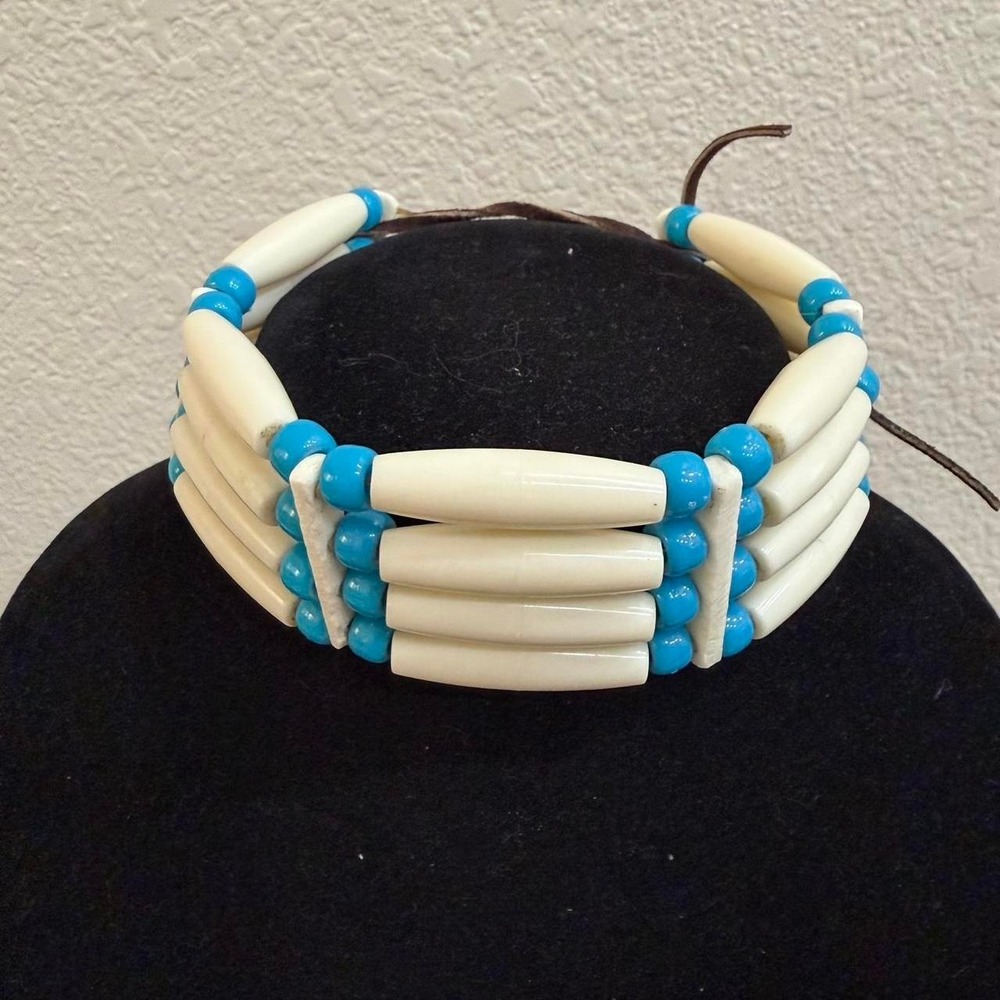 Native American Indian Style Buffalo Bone? Choker Beaded Stone Necklace Teal